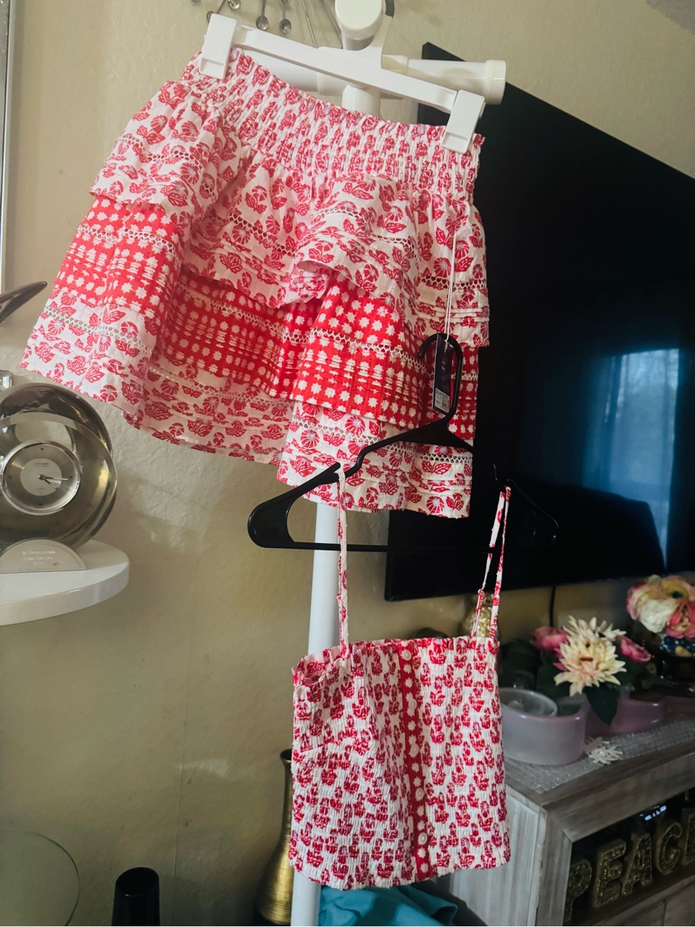 Red and White Floral Printed Two-Piece Set